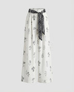 Women's Cotton-Linen Pants Floral Print Tie Belt Loose