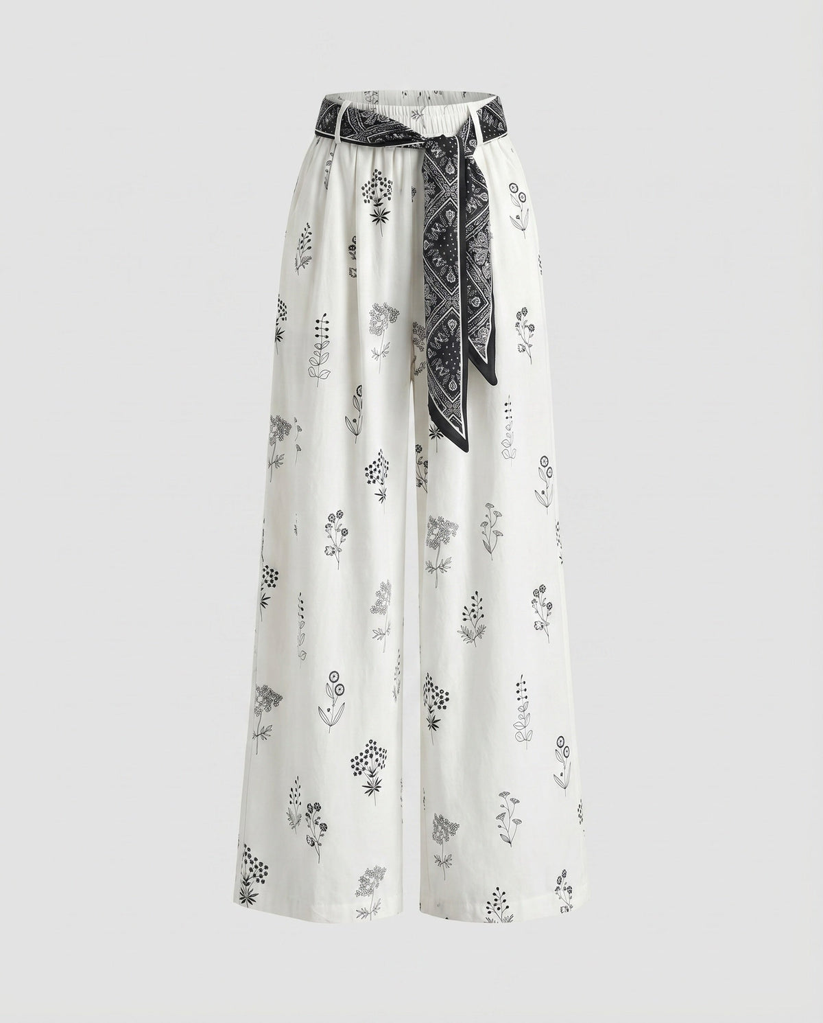 Women's Cotton-Linen Pants Floral Print Tie Belt Loose