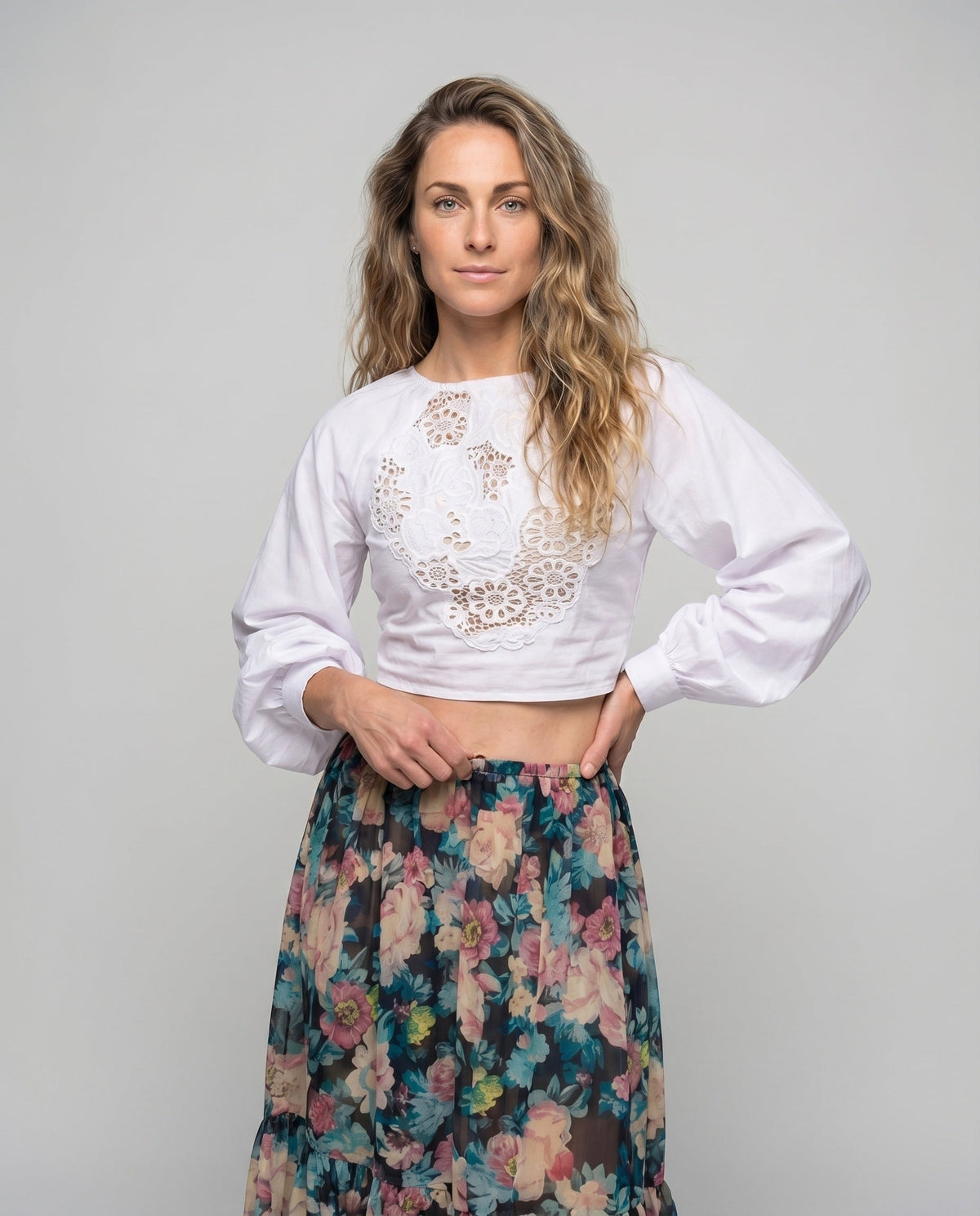 Women's Lace Blouse Top Lace-Up Detail Balloon Sleeves Backless - Upper Body View