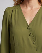 Women's Elegant Blouse Shirt with Modern Wrap Design - Close-Up Detail