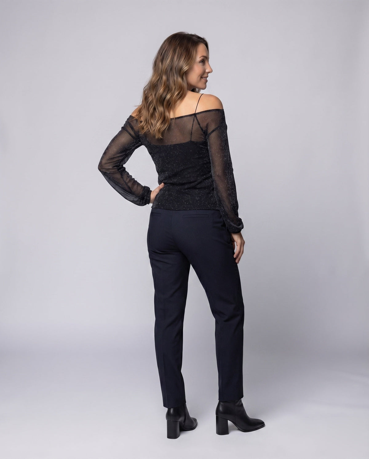 Women's Elegant, Sparkling Blouse Shirt with Transparent Sleeves - Back View