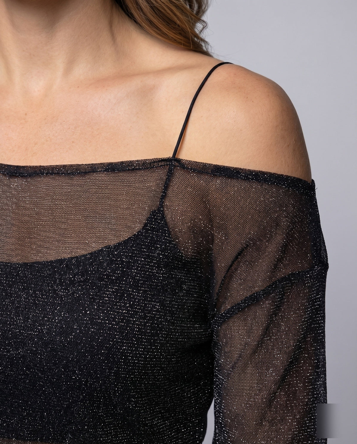Women's Elegant, Sparkling Blouse Shirt with Transparent Sleeves - Close-Up Detail