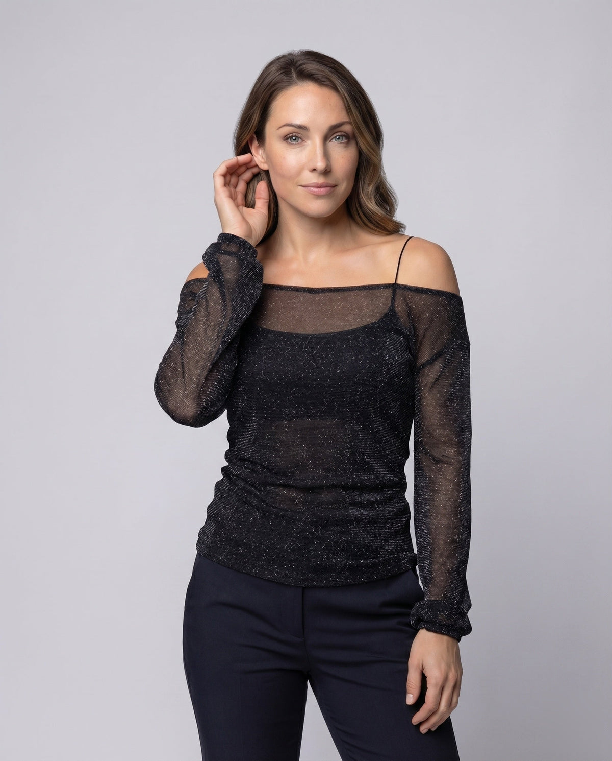 Women's Elegant, Sparkling Blouse Shirt with Transparent Sleeves - Upper Body View