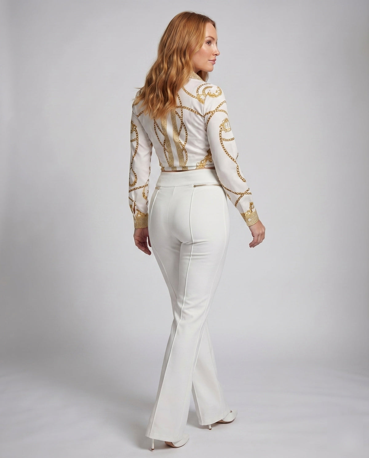 Women's Elegant Set with Blouse and Pants with Tie Belt - Back View