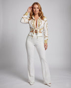 Women's Elegant Set with Blouse and Pants with Tie Belt - Front View