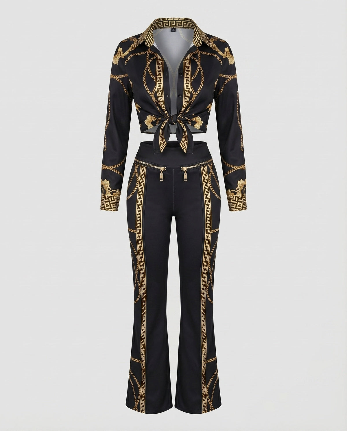 Women's Elegant Set with Blouse and Pants with Tie Belt