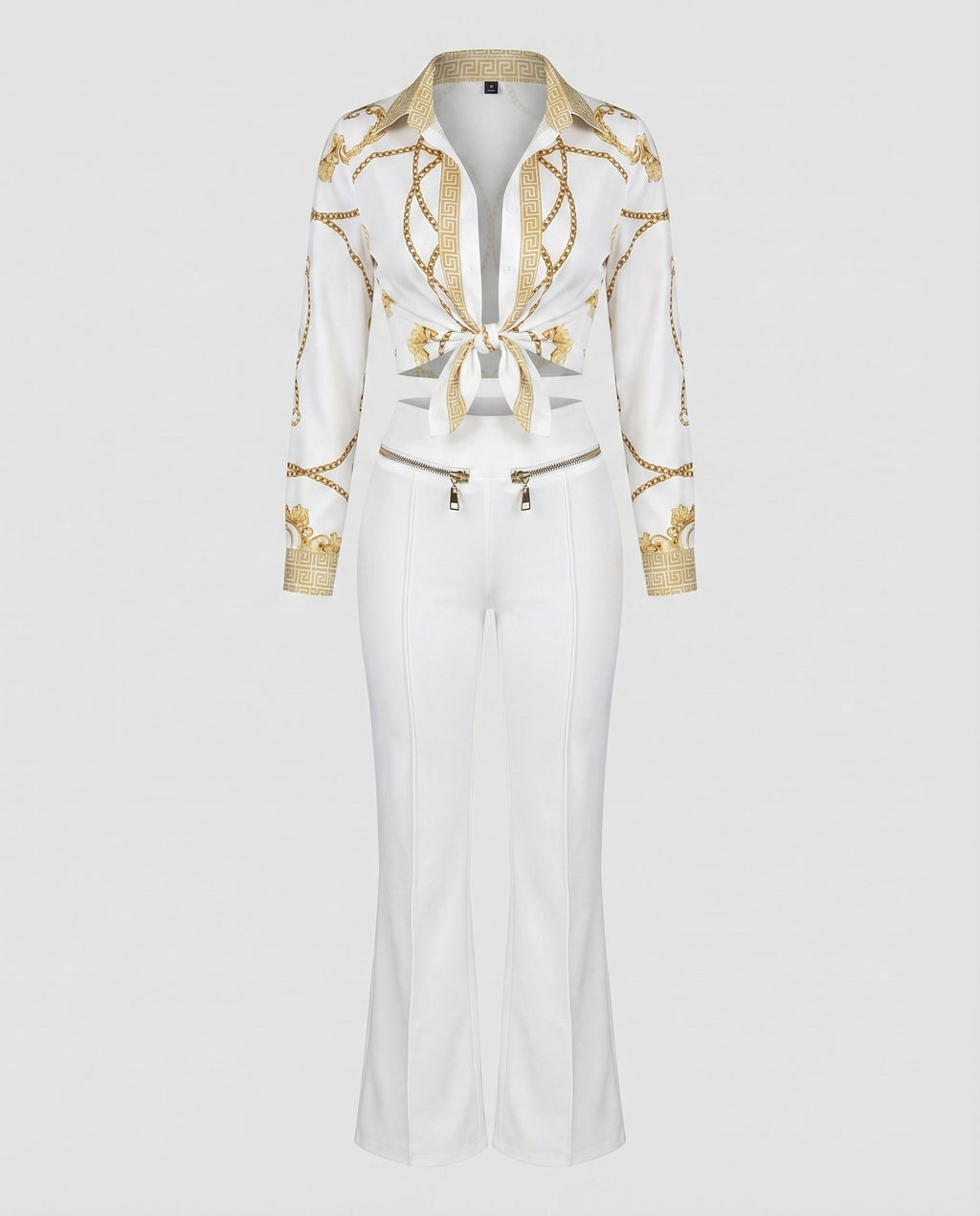 Women's Elegant Set with Blouse and Pants with Tie Belt