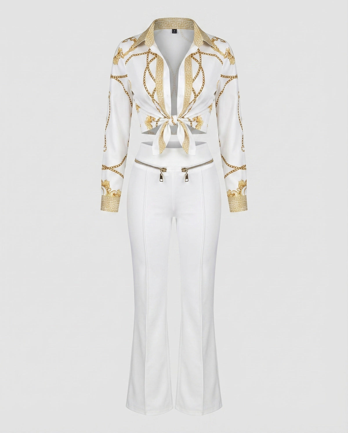 Women's Elegant Set with Blouse and Pants with Tie Belt