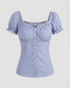 Women's Fitted Blouse Top with Ruffle Details and Button Placket