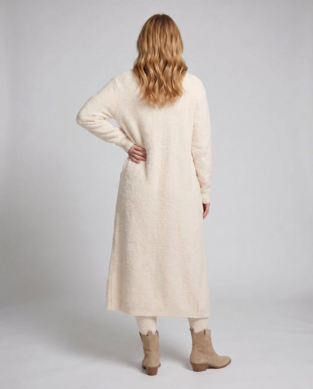 Women's Knitted Lounge Set with Sophisticated Crop Top, Wide Pant Leg - Back View