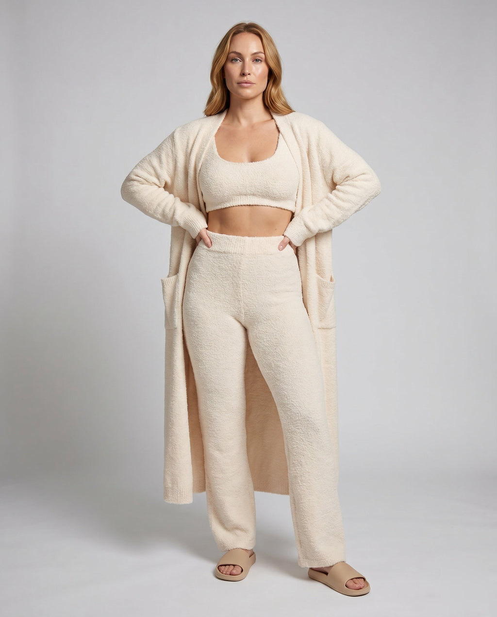 Women's Knitted Lounge Set with Sophisticated Crop Top, Wide Pant Leg - Front View