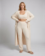 Women's Knitted Lounge Set with Sophisticated Crop Top, Wide Pant Leg - Front View