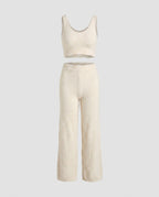 Women's Knitted Lounge Set with Sophisticated Crop Top, Wide Pant Leg