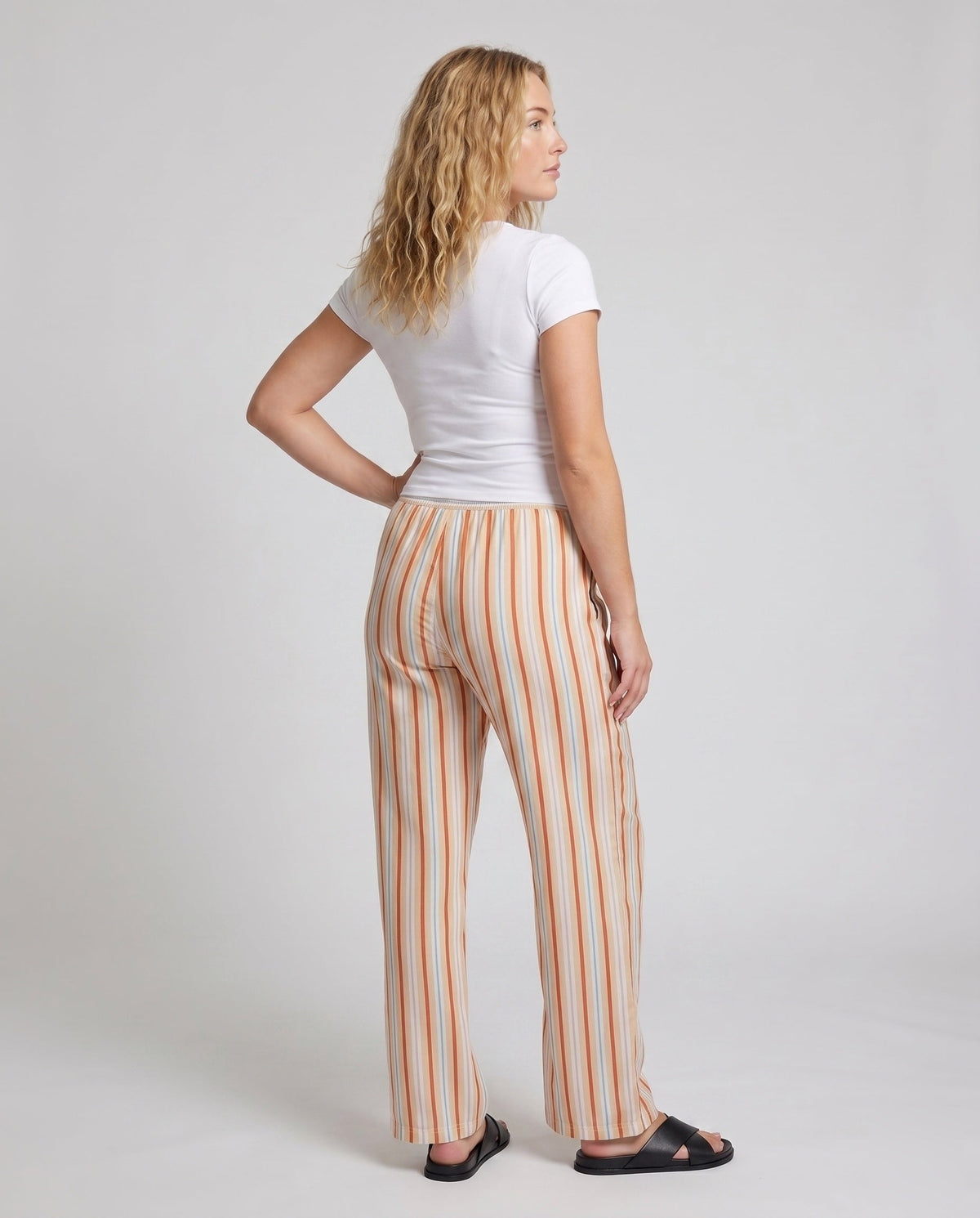 Women's Casual, Striped Summer Pants with Elastic Waist - Back View