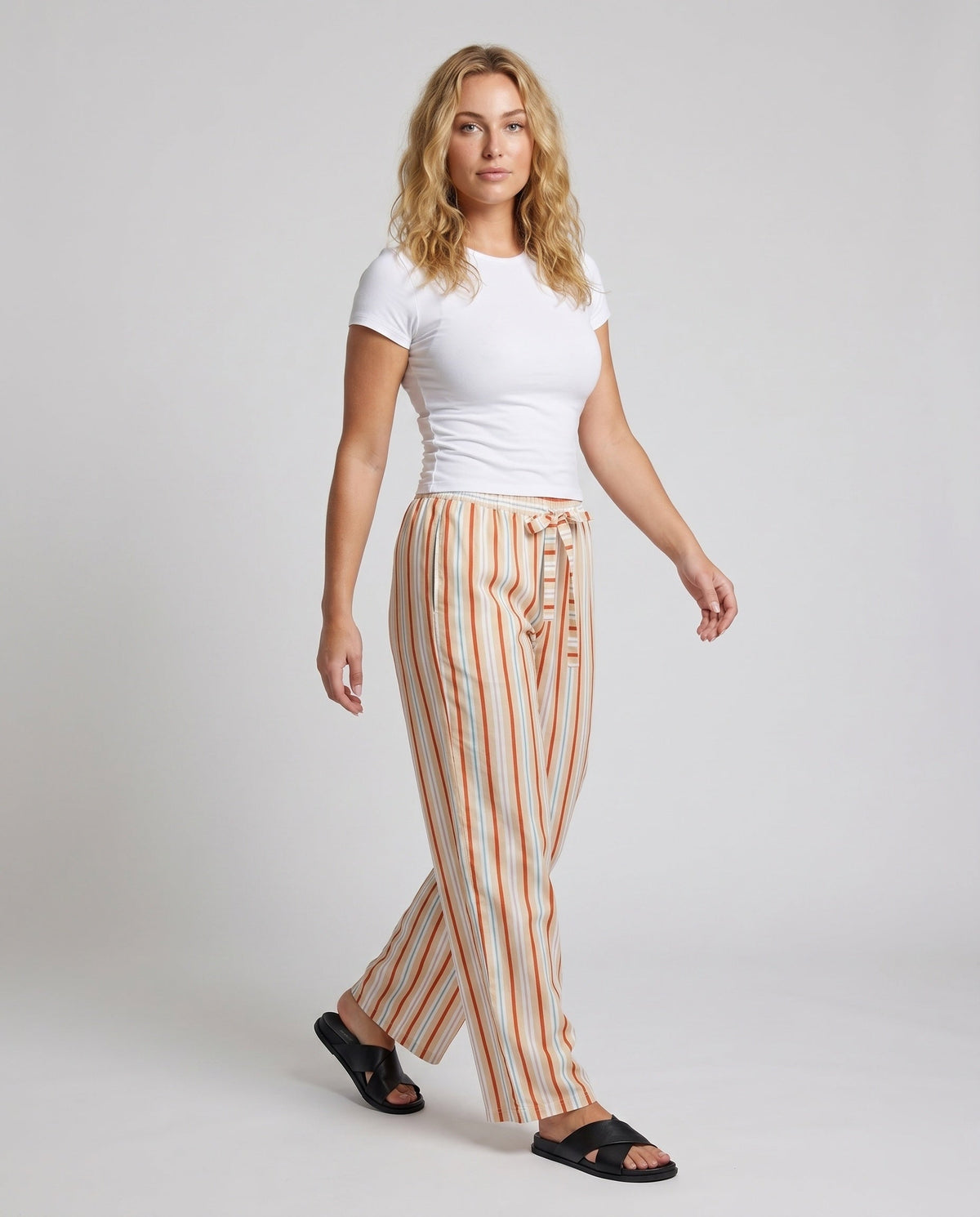 Women's Casual, Striped Summer Pants with Elastic Waist - Front View