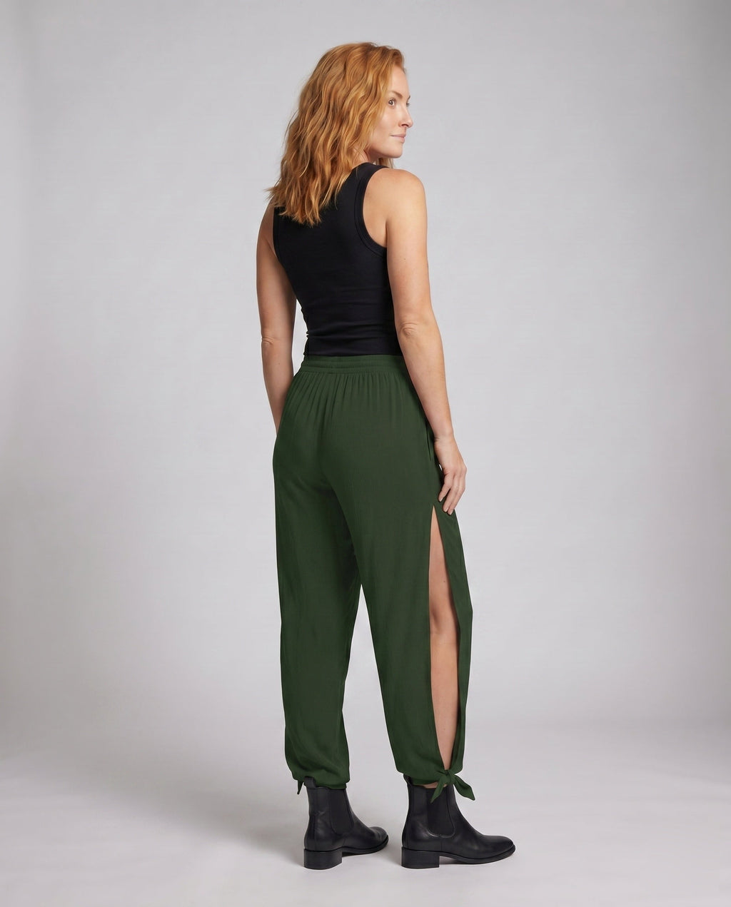Women's Airy Palazzo Pants with Side Slit and Drawstring - Back View