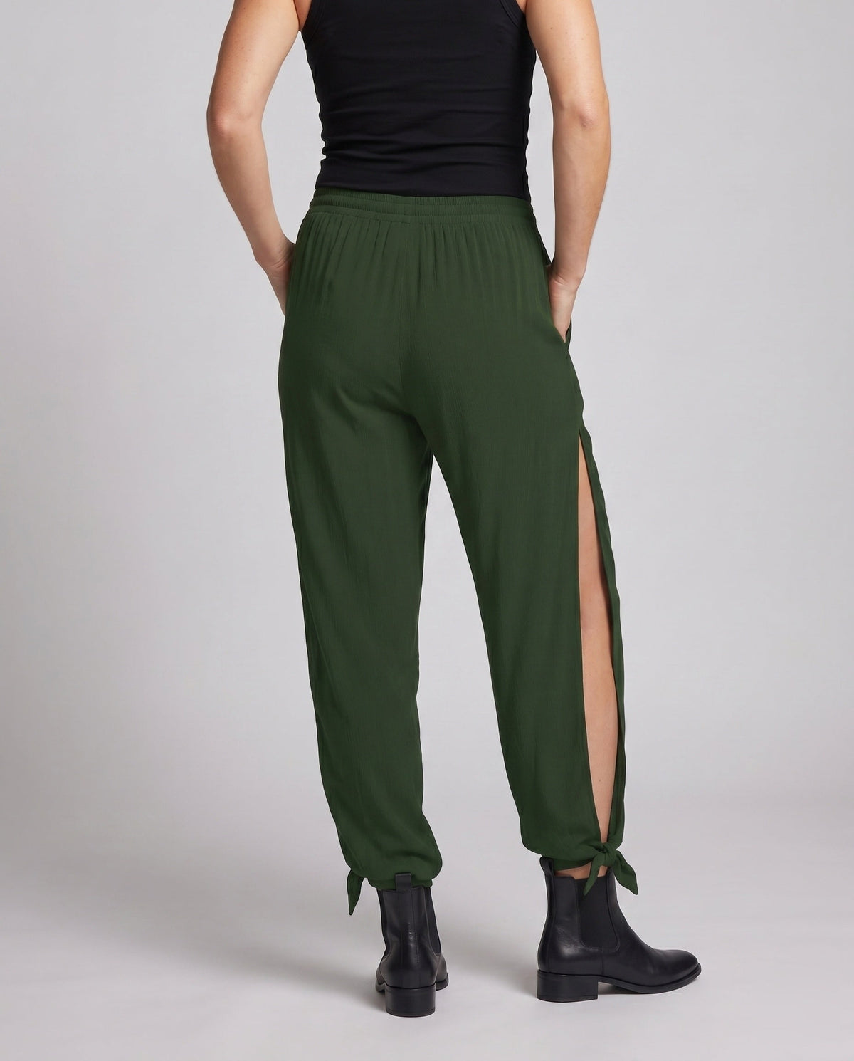 Women's Airy Palazzo Pants with Side Slit and Drawstring - Lower Body View