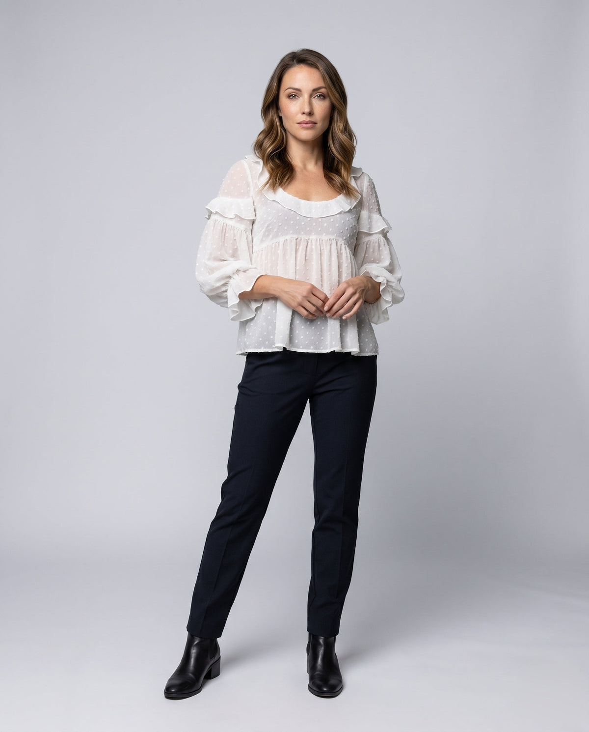 Women's Airy Blouse Shirt with Ruffle Hem and Puff Sleeves - Front View