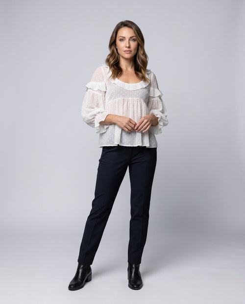 Women's Airy Blouse Shirt with Ruffle Hem and Puff Sleeves - Front View