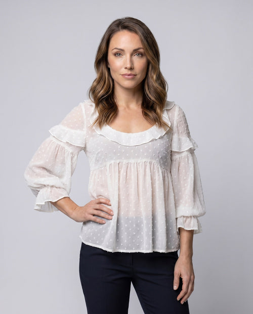 Women's Airy Blouse Shirt with Ruffle Hem and Puff Sleeves - Upper Body View