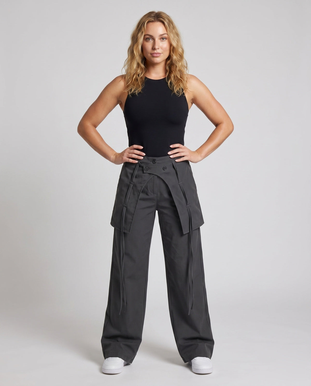 Women's Stylish High-Waisted Cargo Pants with Adjustable Drawstring - Front View