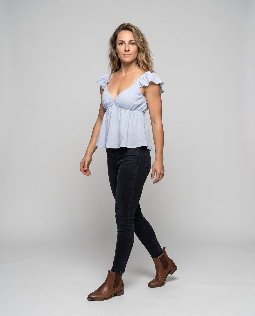 Women's Romantic Blouse Top with Ruffle Details - Front View