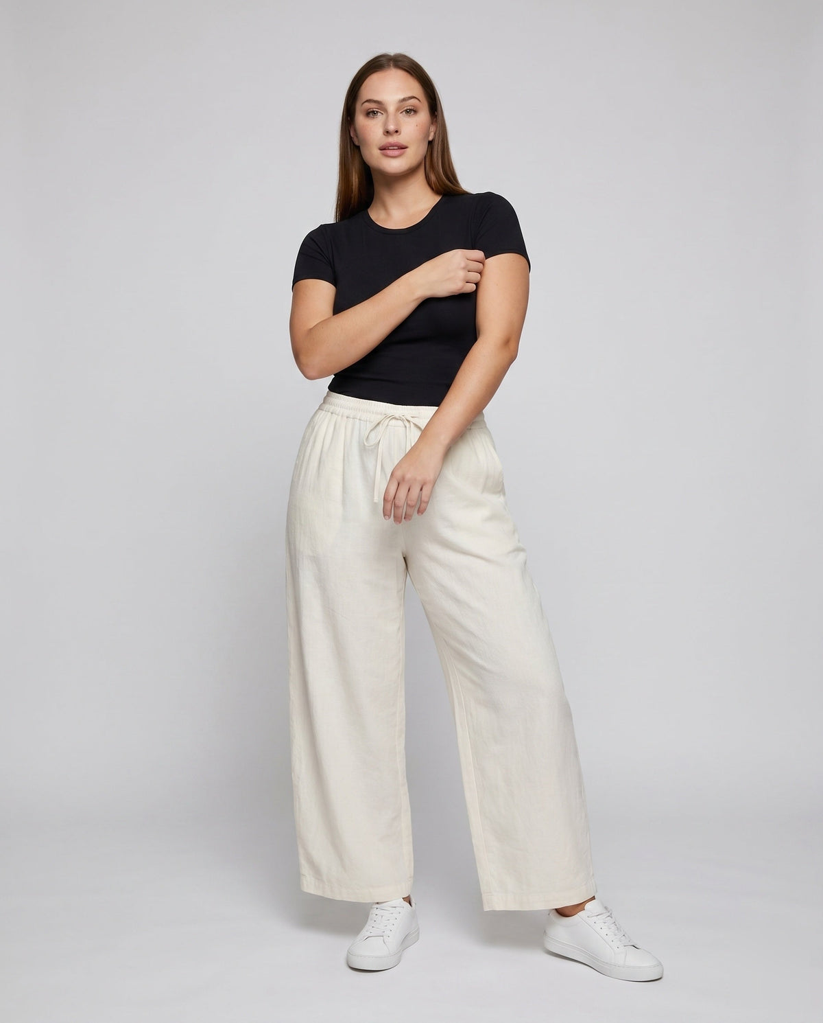 Women's Elegant Wide-Cut Summer Pants with Elastic Waistband - Front View