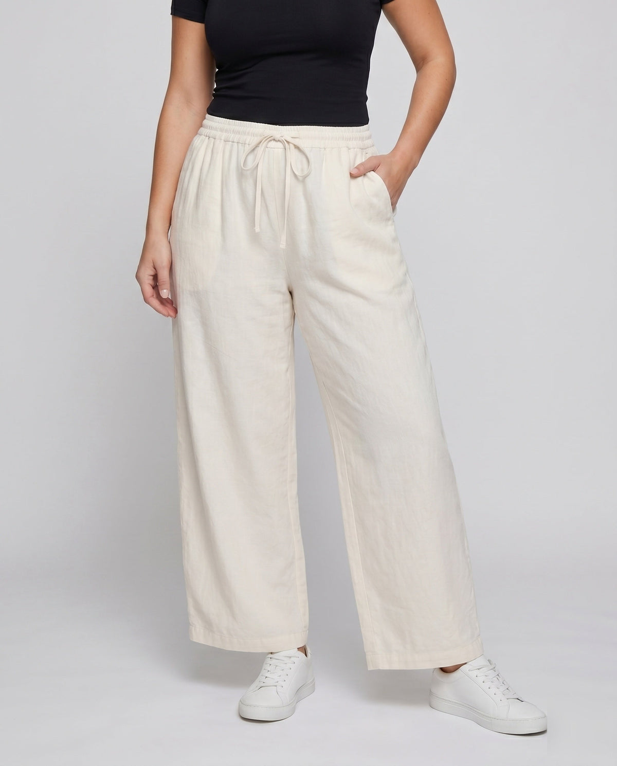 Women's Elegant Wide-Cut Summer Pants with Elastic Waistband - Lower Body View