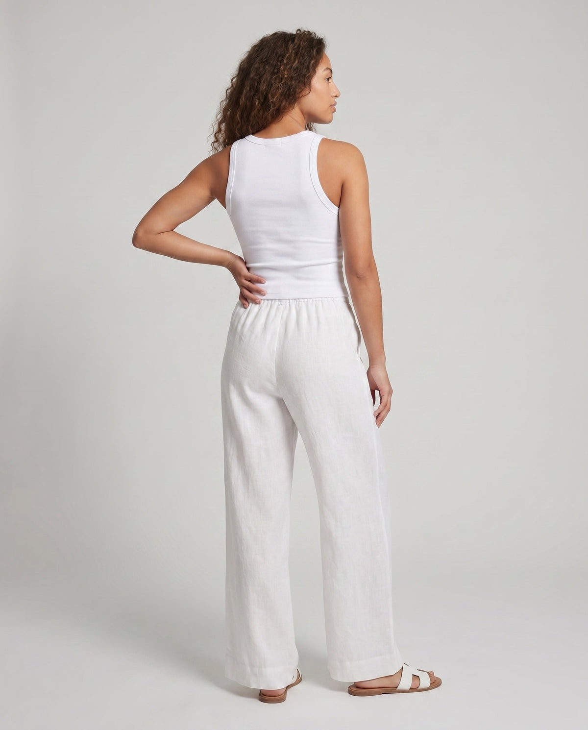 Women's Casual Linen Pants with Wide Cut and Elastic Waistband - Back View