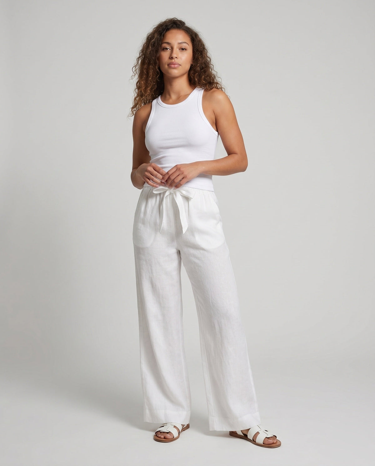 Women's Casual Linen Pants with Wide Cut and Elastic Waistband - Front View