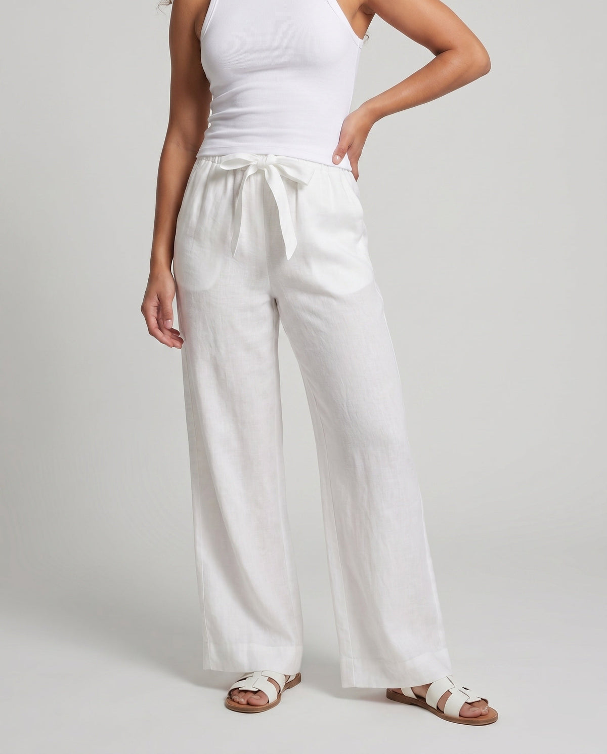 Women's Casual Linen Pants with Wide Cut and Elastic Waistband - Lower Body View