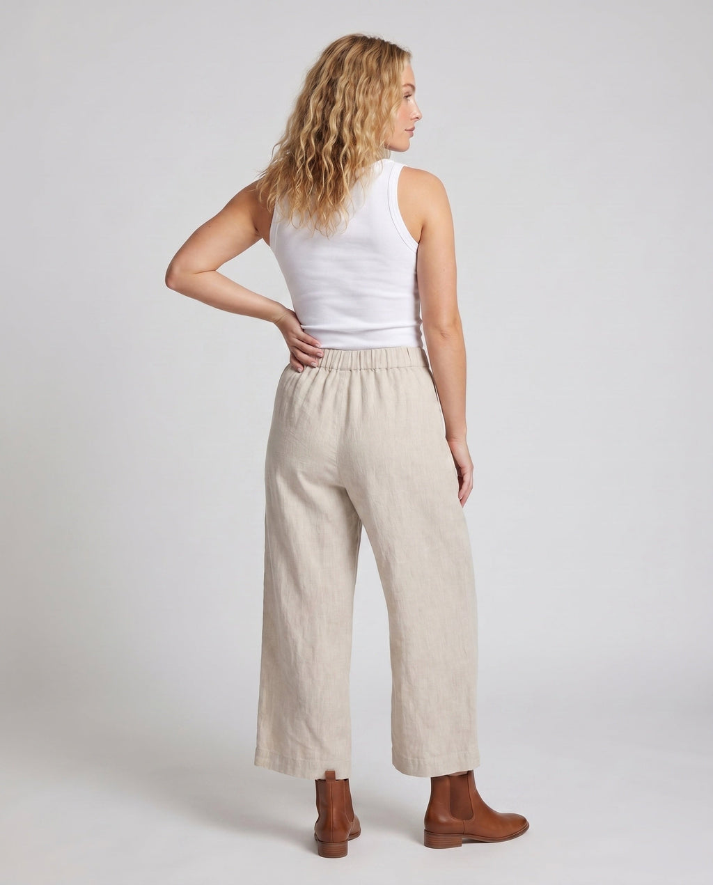 Women's Airy Linen Culotte with High Waistband and Side Pockets - Back View