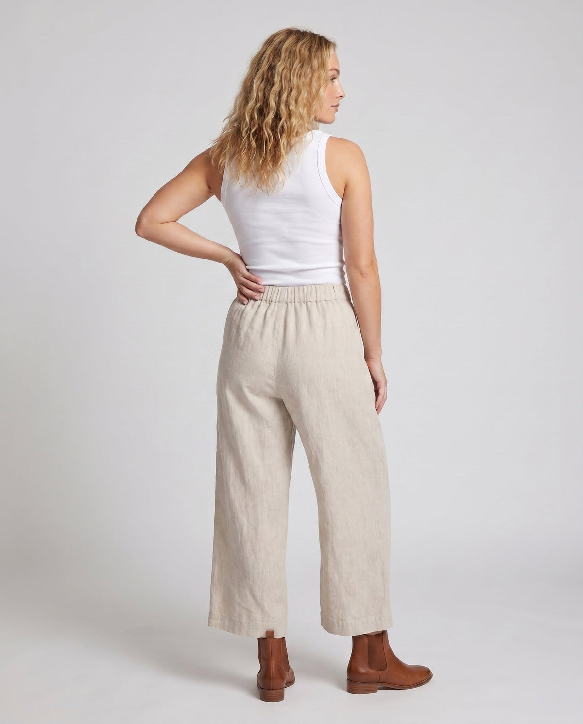 Women's Airy Linen Culotte with High Waistband and Side Pockets - Back View