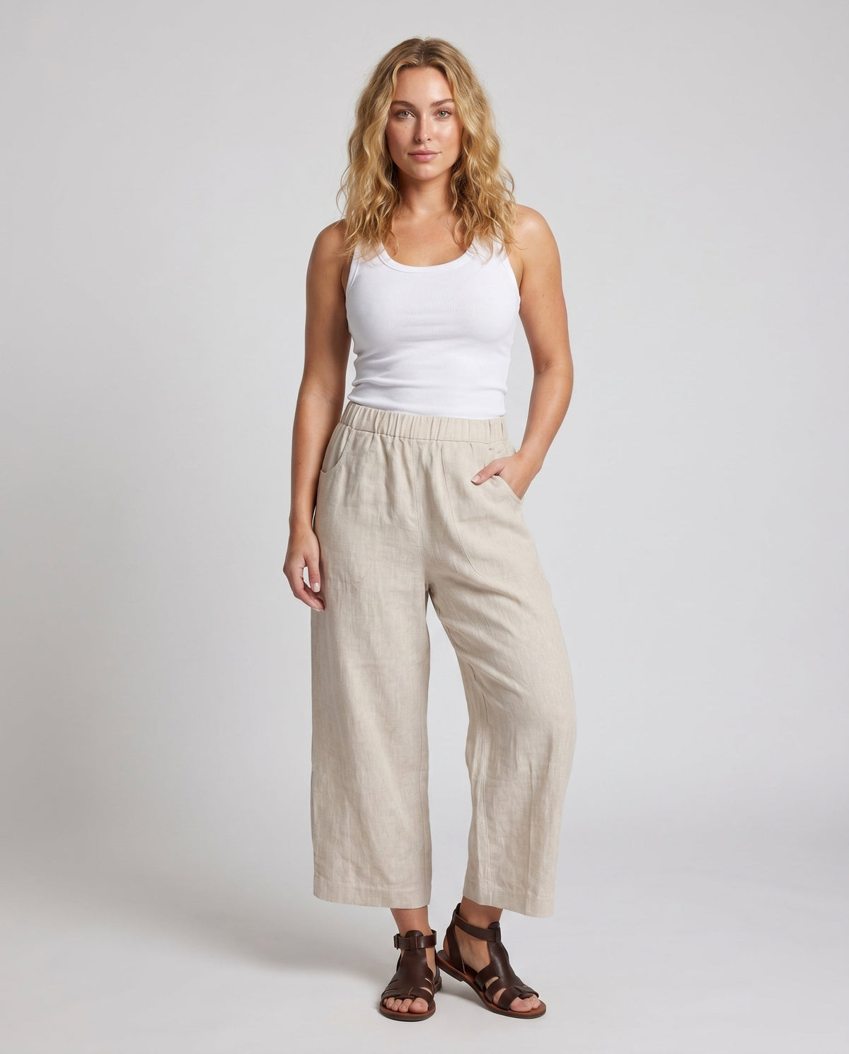 Women's Airy Linen Culotte with High Waistband and Side Pockets - Front View