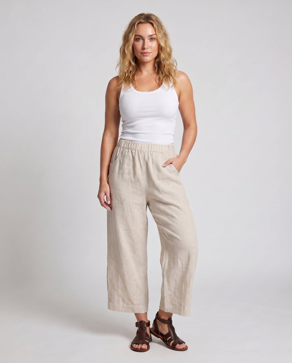 Women's Airy Linen Culotte with High Waistband and Side Pockets - Lower Body View