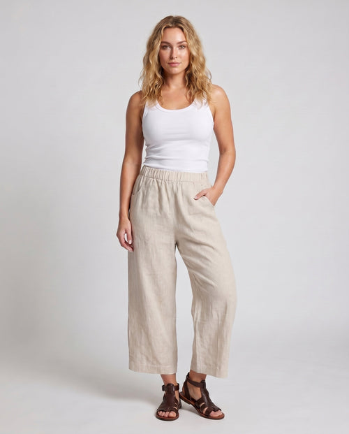 Women's Airy Linen Culotte with High Waistband and Side Pockets - Lower Body View