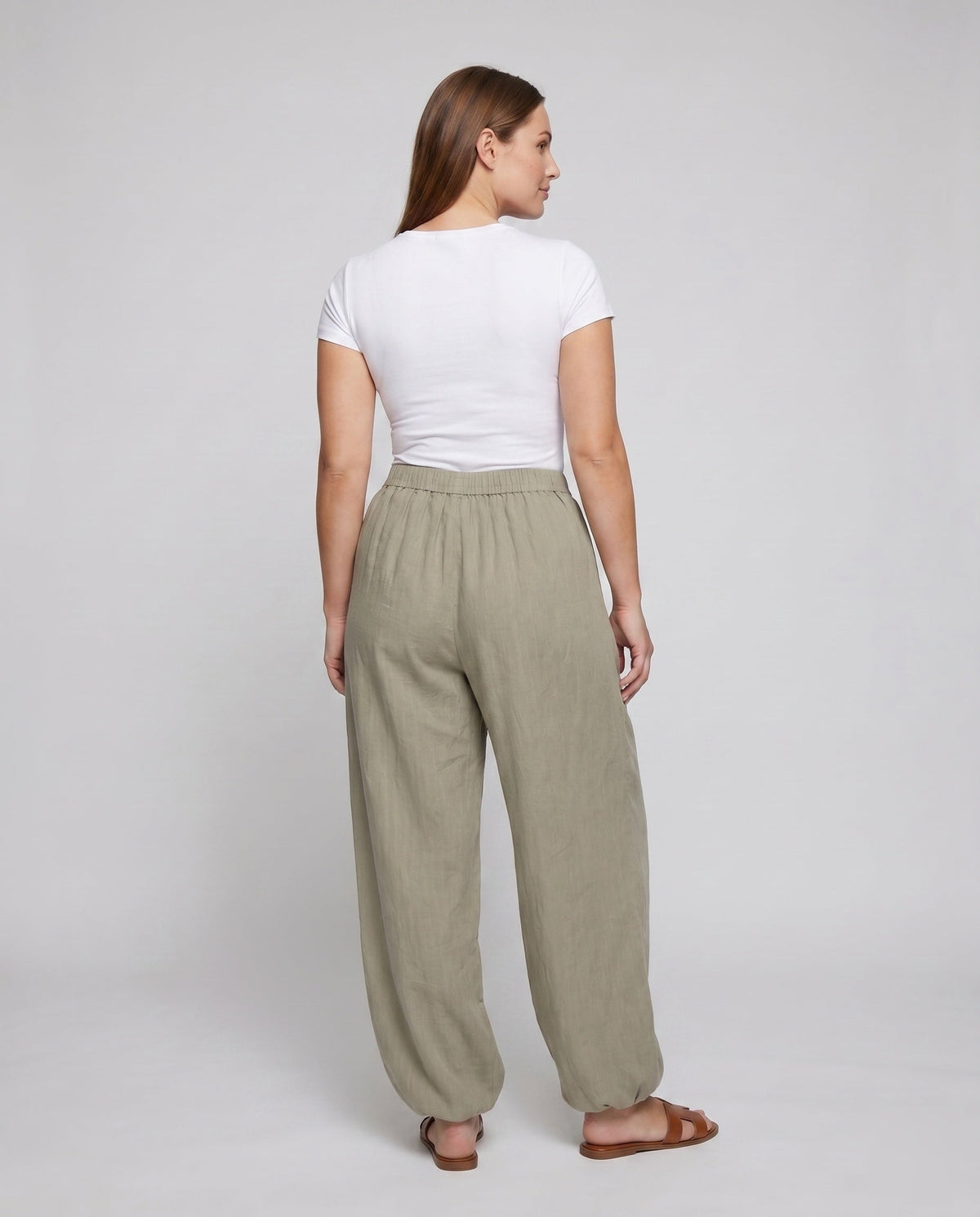 Women's Airy Linen Pants with Wide Cut and Elastic Waistband - Back View