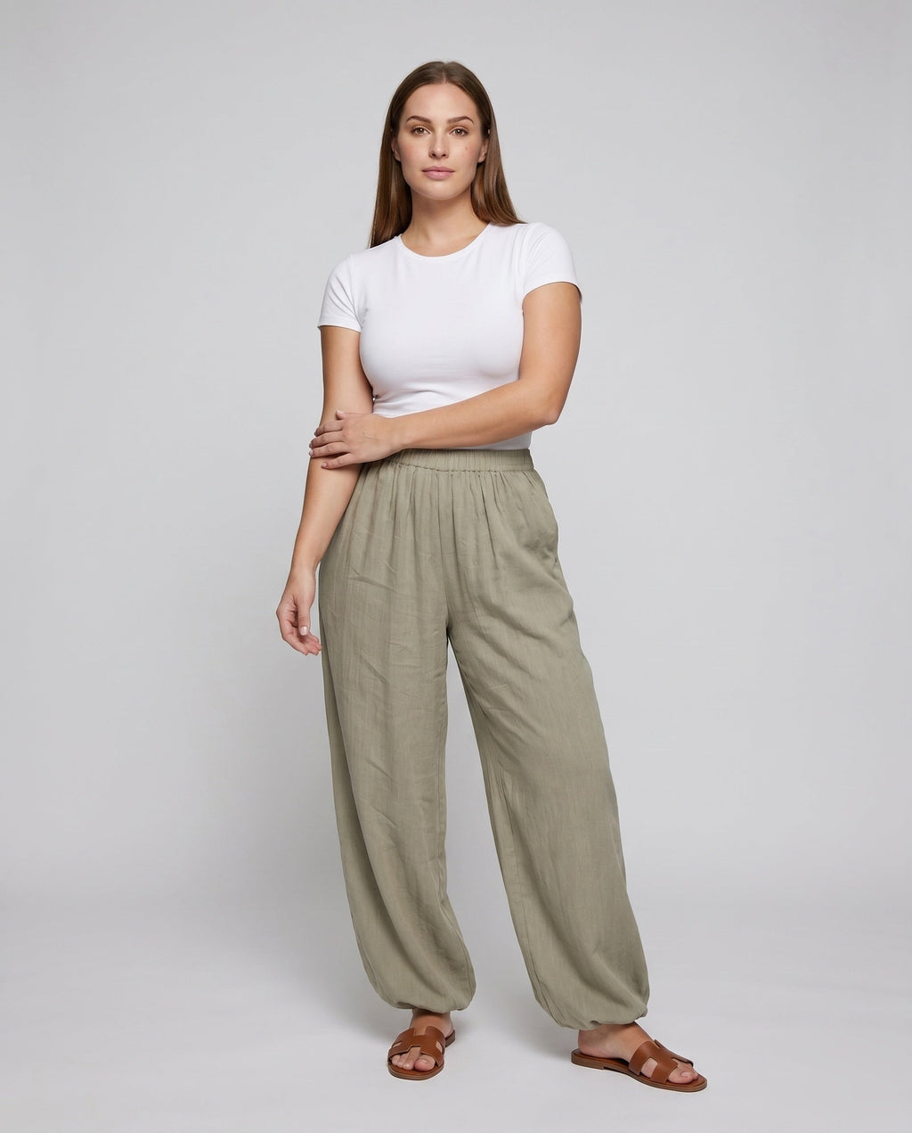 Women's Airy Linen Pants with Wide Cut and Elastic Waistband - Front View