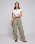 Women's Airy Linen Pants with Wide Cut and Elastic Waistband - Front View