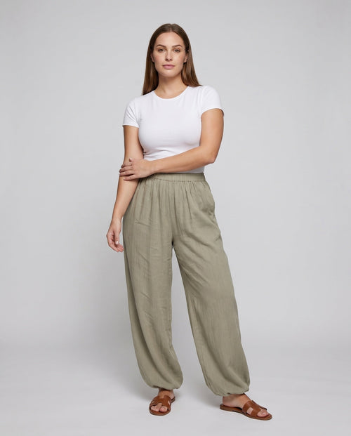 Women's Airy Linen Pants with Wide Cut and Elastic Waistband - Front View