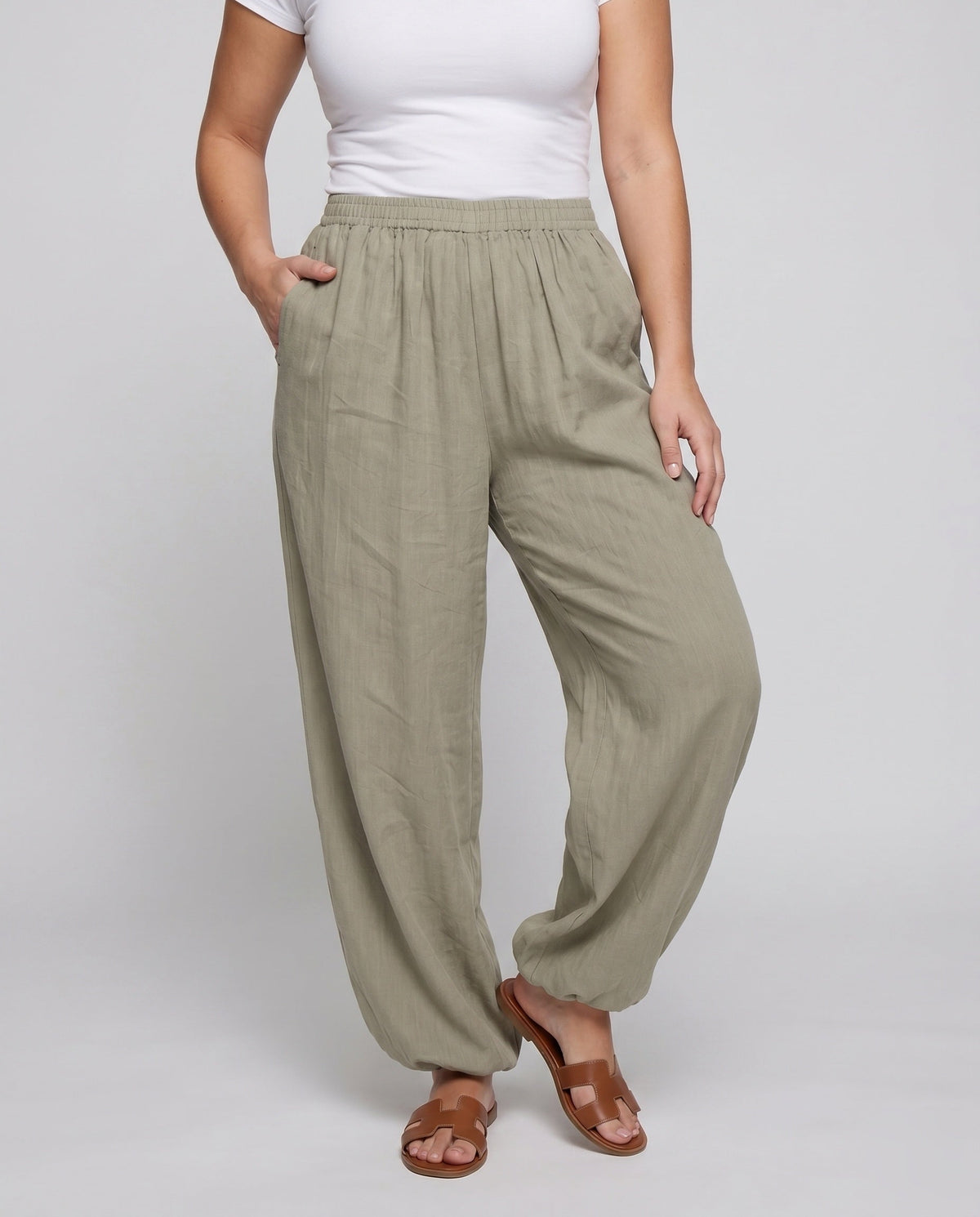 Women's Airy Linen Pants with Wide Cut and Elastic Waistband - Lower Body View
