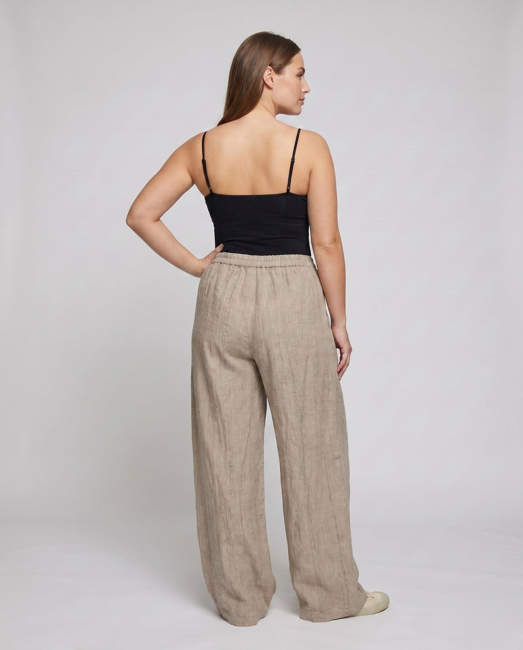 Women's Airy Palazzo Pants with High Waistband and Elegant Pockets - Back View
