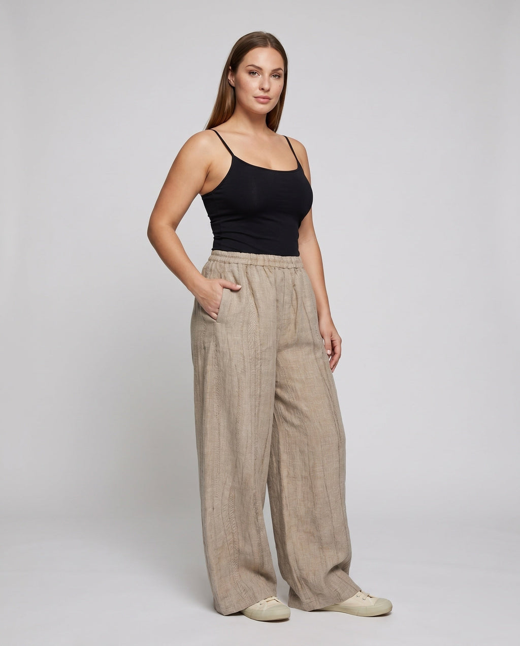 Women's Airy Palazzo Pants with High Waistband and Elegant Pockets - Front View