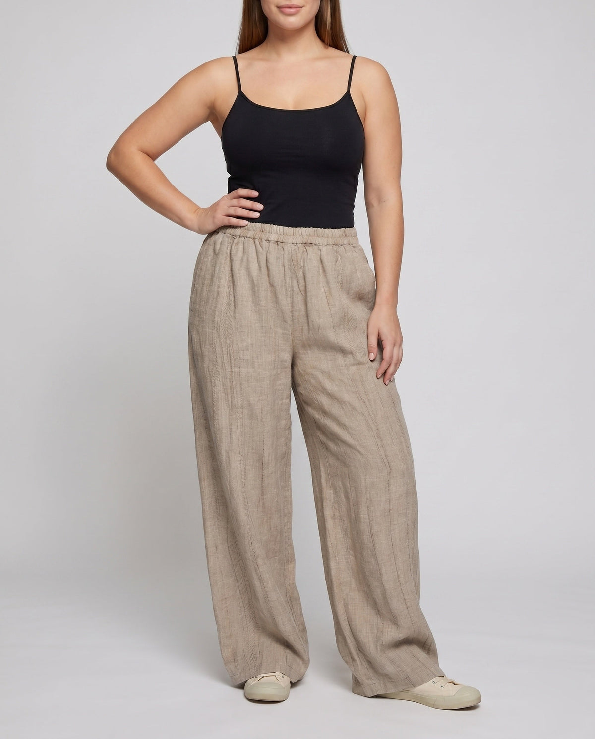 Women's Airy Palazzo Pants with High Waistband and Elegant Pockets - Lower Body View