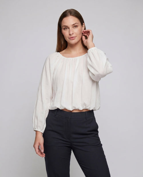 Women's Airy Blouse Shirt with Elastic Puff Sleeves - Upper Body View