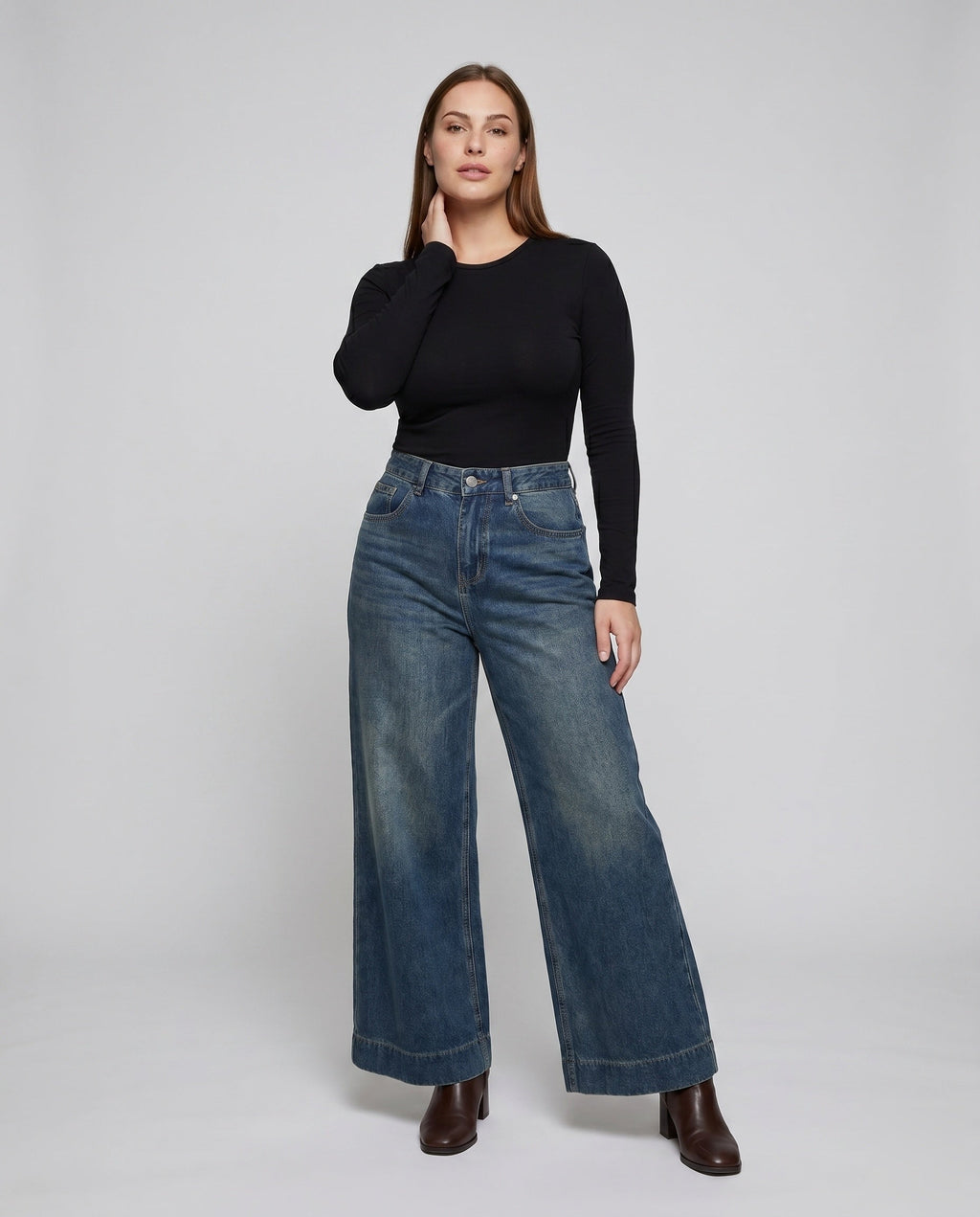 Women's Wide-Cut Denim Pants - Front View