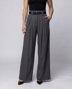 Women's Elegant High-Waist Release Pants with Belt and Wide Leg - Lower Body View