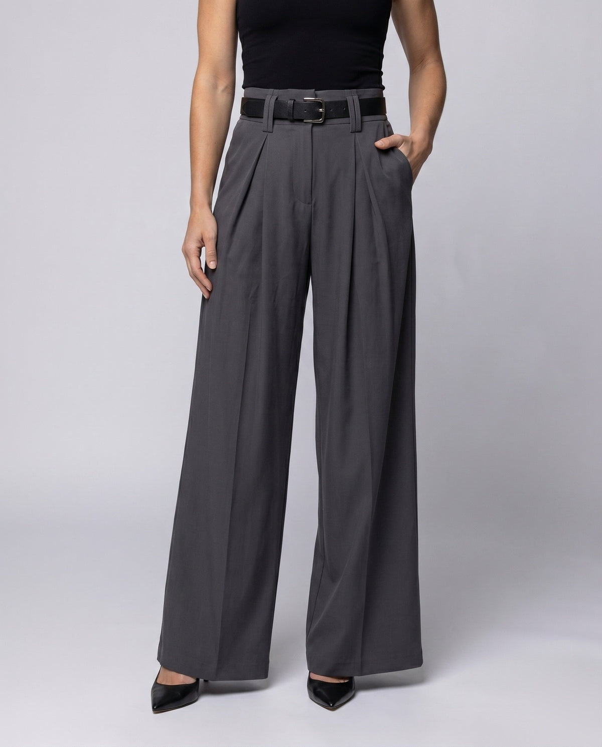 Women's Elegant High-Waist Release Pants with Belt and Wide Leg - Lower Body View