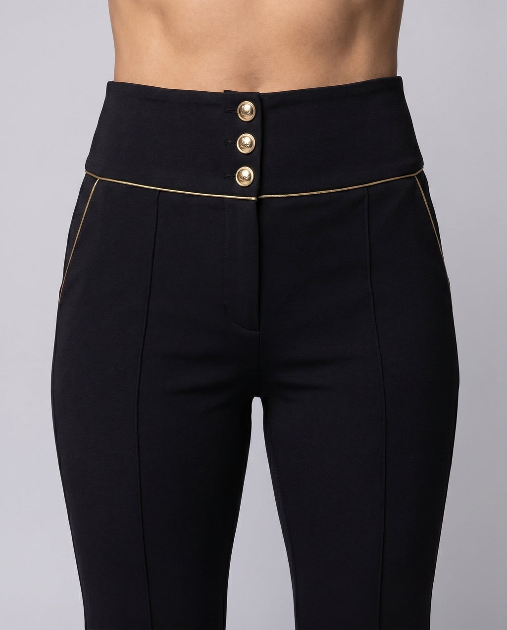 Women's Elegant High-Waisted Trousers with Decorative Button Details - Close-Up Detail