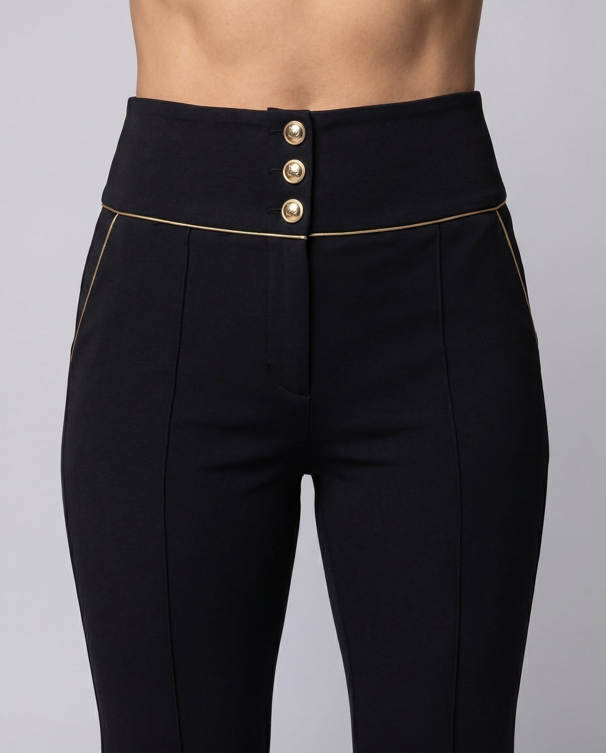 Women's Elegant High-Waisted Trousers with Decorative Button Details - Close-Up Detail